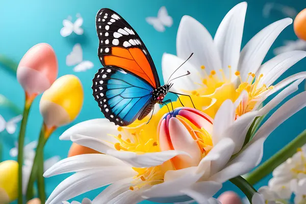 Set Der Natur Weiße Blumen Mit Schmetterlingen Wimmeln Hintergrundbild — Stockvektor