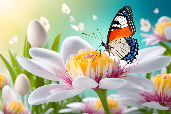 Set Van Natuur Witte Bloemen Met Vlinders Zwermen Achtergrond Behang — Stockvector
