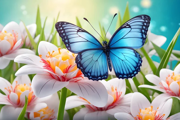 Set Der Natur Weiße Blumen Mit Schmetterlingen Wimmeln Hintergrundbild — Stockvektor