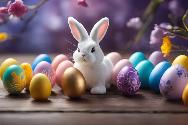 Set White Easter Rabbit Easter Bunny Easter Eggs — Stock Vector