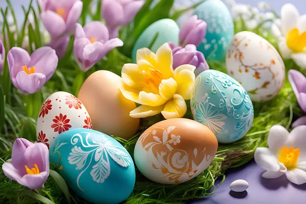Set Easter Eggs Decorated Flowers Grass Background Wallpaper — Stock Vector