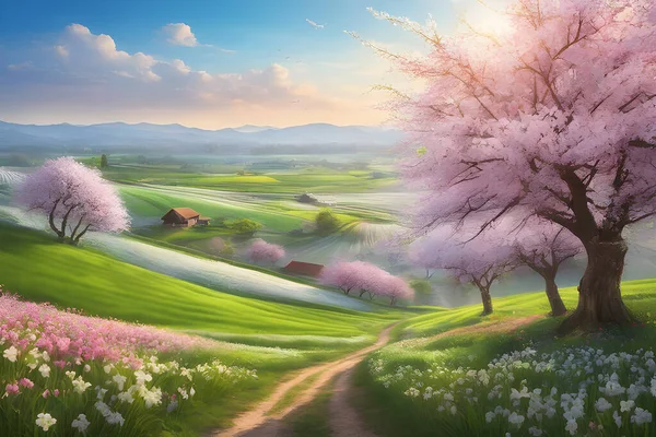 Soubor Panorama Pohled Jarní Vesnici Růžovými Třešněmi Kvete Kopcích Slunečním — Stockový vektor