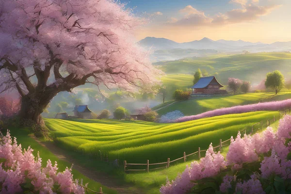 Zestaw Panorama Widok Wiosny Wsi Różowymi Drzewami Wiśni Kwitnie Wzgórzach — Wektor stockowy