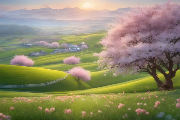 Zestaw Panorama Widok Wiosny Wsi Różowymi Drzewami Wiśni Kwitnie Wzgórzach — Wektor stockowy