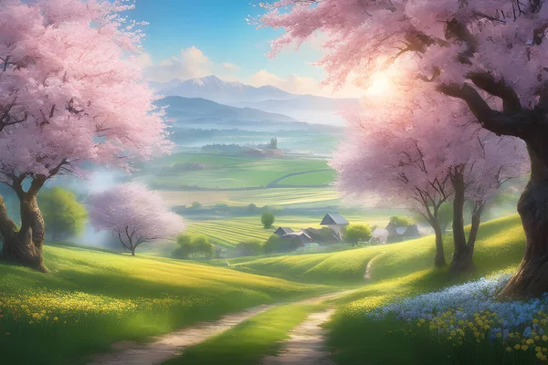 Joukko Panorama Näkymä Kevään Kylään Vaaleanpunainen Kirsikkapuita Kukkii Kukkuloilla Auringonvalossa — vektorikuva