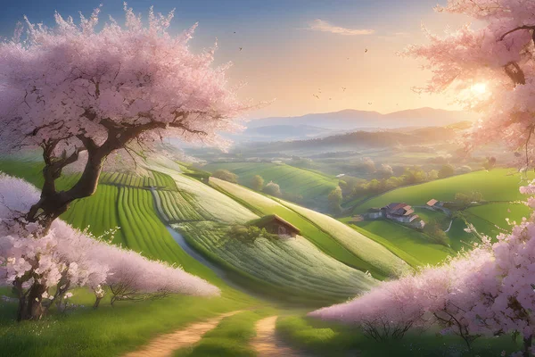 Állítsa Panoráma Kilátás Nyílik Tavaszi Falu Rózsaszín Cseresznyefák Virágzik Dombok — Stock Vector
