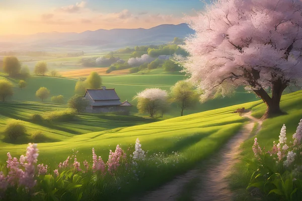 Комплект Панорама Вид Весенней Деревни Розовыми Вишневыми Деревьями Цветет Холмах — стоковый вектор