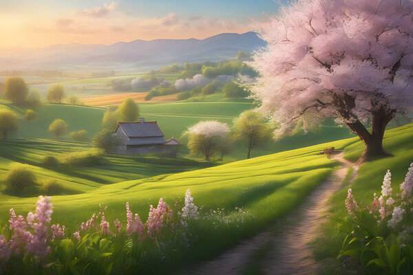 Set of Panorama view of spring village with pink cherry trees blooms on hills and sunlight.