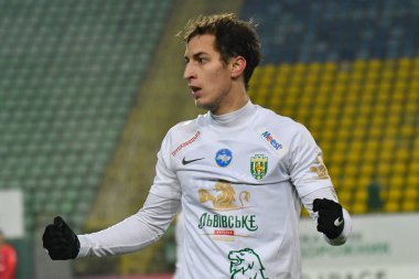 Lviv, Ukrayna. Ukrayna Premier Ligi FC Karpaty Lviv ve FC Veres Rivne arasında oynanan 7 Aralık 2024 tarihinde Lviv, Ukrayna 'da oynanan Ukrayna Premier Ligi karşılaşmasında Karpaty' li Yan Kostenko.