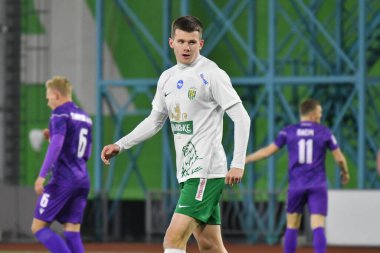 Zhytomyr, UKRAINE - 28 Şubat 2025: Ukrayna Premier Ligi 'nde FC Karpaty Lviv ile FC LNZ Cherkasy arasında oynanan karşılaşma sırasında Karpaty' li Igor Krasnopir, Ukrayna 'nın başkenti Zhytomyr' de 28 Şubat 2025 tarihinde oynanmıştır..
