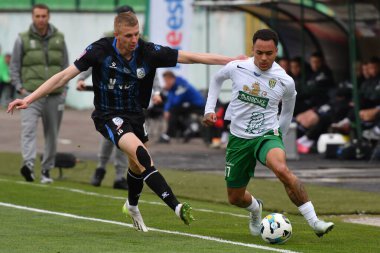 Lviv, UKRAINE - 30 Mart 2025. 30 Mart 2025 tarihinde Ukrayna 'nın başkenti Lviv' de oynanan Ukrayna Premier Ligi karşılaşmasında Karpaty-Bogdan Biloshevskyi maçında Bruninho, Ukrayna 'nın Ukrayna Stadyumu' nda FC Karpaty Lviv ve FC Chornomorets karşı karşıya geldi.. 