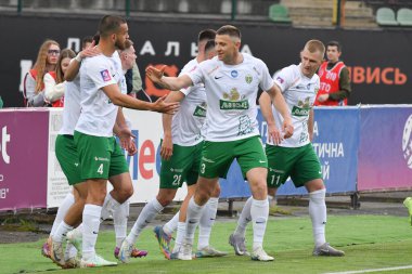 Lviv, Ukrayna 25 Mayıs 2025. Ukrayna Premier Ligi FC Karpaty Lviv ve FC Zorya Luhansk arasında 25 Mayıs 2025 'te Ukrayna Stadyumu' nda oynanan Ukrayna Premier Ligi maçında gol attıktan sonra Karpaty 'nin oyuncuları tepki gösterdi..