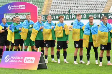 Lviv, Ukrayna 24 Ağustos 2025. Ukrayna Kupası maçında Ukrayna Stadyumu 'nda FC Penuel Kryvyi Rig ve FC Karpaty Lviv arasında Karpaty oyuncuları görüldü.