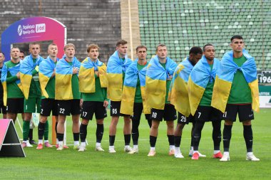 Lviv, Ukrayna 24 Ağustos 2025. Ukrayna Kupası maçında Ukrayna Stadyumu 'nda FC Penuel Kryvyi Rig ve FC Karpaty Lviv arasında Karpaty oyuncuları görüldü.