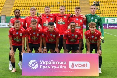 Lviv, Ukrayna 24 Ağustos 2025. Ukrayna Kupası maçında Ukrayna Stadyumu 'nda FC Penuel Kryvyi Rig ve FC Karpaty Lviv arasında Karpaty oyuncuları görüldü.