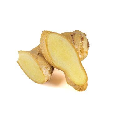 Beyaz arka planda dilimlenmiş taze zencefil rhizomu. - Evet. Yüksek kalite fotoğraf