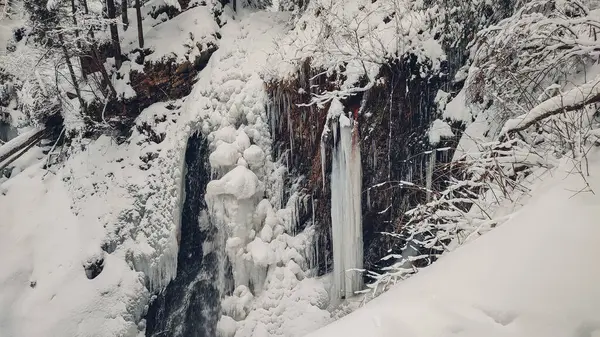 Huk waterfall, frozen waterfall at winter, Carpathian National Park, Gorgany mountain. Ukraine. Tourism destination, landmark . High quality photo