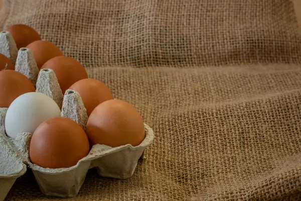 Fresh chicken eggs in a paper tray on the table, selective focus. High quality photo