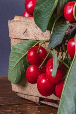 Masadaki bir kutuda olgun kirazlar. Yakın çekim yüksek kalite fotoğraf.