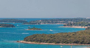 Hırvatistan 'ın İstrian yarımadasındaki tarihi Vrsar Panoraması' nda çam ormanları yüksek kaliteli fotoğraf