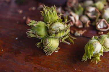 Dışarıdaki masada bir yığın fındık yaşlı bir adam çekiçle fındık temizliyor.