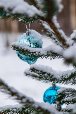 Noel ağacı süslemelerle süslenir ve yumuşak karla süslenir. Yüksek kalite fotoğraf.