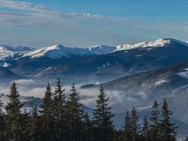 Karpatlar 'ın karla kaplı zirveleri, açık bir Ocak gününde, Ukrayna' nın Polyanytsia yakınlarındaki manzaraya hakim olurken, sakin bulutlar arasında, doğanın kış güzelliğini gözler önüne seriyor..