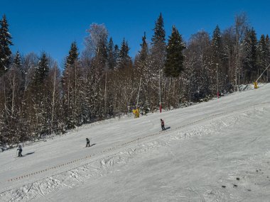 Polyanytsia Ukrayna 18.01.25Kayakçılar ve snowboardcular açık mavi gökyüzünün altındaki kar kaplı yamaçlarda gezinirler ve etrafları hep yeşil ağaçlarla çevrilidir..