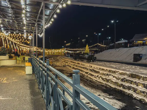 Polyanytsia Ukrayna 19.01.25 Işıldayan ışıklar şenlikli ağaçları süslüyor ve karlı manzarayı aydınlatarak soğuk bir Ocak gecesinde ılık bir ortam yaratıyor.