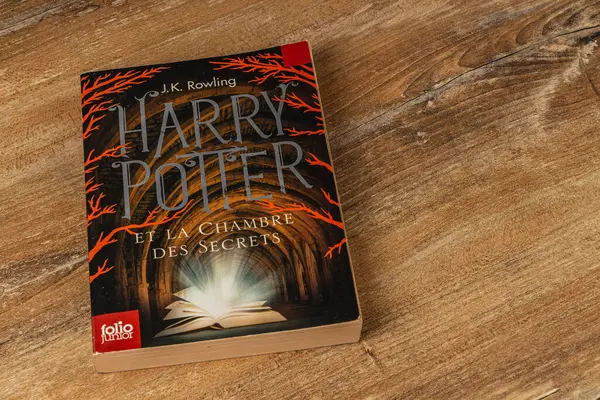 25.03.25 Lviv Ukrayna güzel tasarlanmış bir Harry Potter kitabı, Fransızca, kırsal bir ahşap masada yatıyor. Büyücülerin dünyasını keşfederken Hogwarts 'ın büyüsünü havada hissedebilirsiniz..
