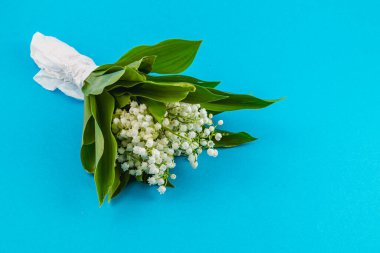 Vadi çiçeklerinin narin zambakları canlı mavi arka planda yeşil yapraklarla yaratıcı bir şekilde düzenlenir. Özel durumlar için mükemmel taze ve zarif bir görünüm sergilerler..