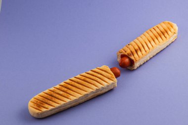 Yaratıcı bir yemek sergisinde, içinde bir sosislinin olduğunu gösteren, ikiye bölünmüş bir sandviç bulunur..