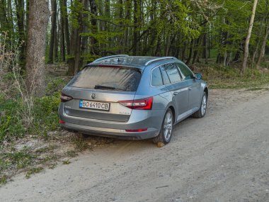 Lviv Ukrayna 04.21.25 Gri bir araba yemyeşil yollarla çevrili bir toprak yolda park halinde. Huzurlu ortam, akşam saatlerinde doğanın huzurunu yakalar..