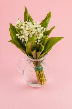 Yeşil yapraklı narin bir buket beyaz çiçek berrak bir cam vazoda duruyor. Yumuşak pembe arka plan bu çiçek düzeninin güzelliğini arttırır..