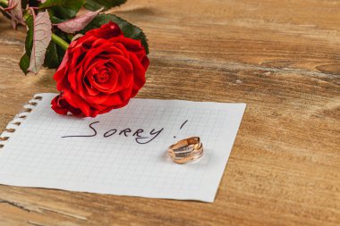 Kırmızı bir gül, altın bir nişan yüzüğünün yanında duruyor. Not defterinde 