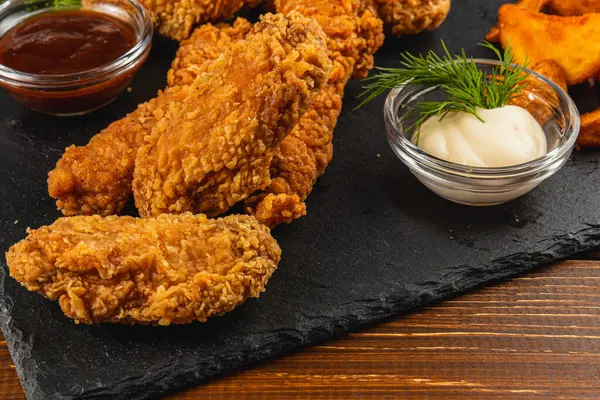 Lezzetli kızarmış tavuk parçaları koyu bir tahtada sunulur, yanında kremalı sos ve keskin sosla birlikte, iştah açıcı bir yemek seçeneği sunulur..