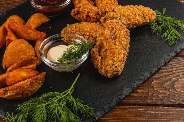 Kızarmış tavuk, kızarmış patates dilimleri, bir kase sos ve taze otlarla birlikte koyu bir tahta üzerinde ayarlanır. Bu da akşam yemeği deneyimi yaratır..