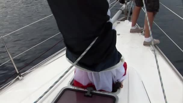 Close Details Deck White Sail Moving Sailing Yacht Yachting Sport — Stock Video