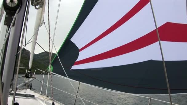 白い帆でヨットを移動のデッキ アクティブなライフスタイルとしての海の旅とヨット — ストック動画