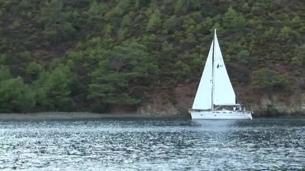 Nahaufnahme Von Deck Und Weißem Segel Der Beweglichen Segeljacht Yachtsport — Stockvideo