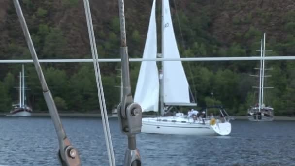 Nahaufnahme Von Deck Und Weißem Segel Der Beweglichen Segeljacht Yachtsport — Stockvideo