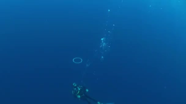 Isla Del Coco 2018年1月4日 水中のダイバーがリング状に気泡を作ります プラスチックの使用を減らすことで 将来の世代のために水中領域を維持することができます — ストック動画