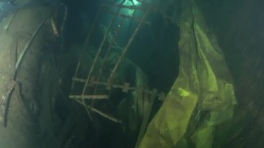 MEDITERRANEAN SEA, CYPRUS - AĞUSTOS 2019: Scuba dalgıçları İsveç 'in batık gemisi MS Zenobia' da yüzüyorlar. Enkaz dalışı. Deniz felaketleri. Sualtı 4K video kaydı Batık Geminin Çekimi. Dünya trajedileri.