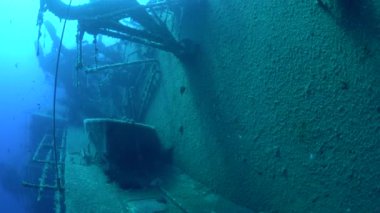 Dalgıçlar batık İsveç feribotu MS Zenobia 'da yüzerler. Enkaz dalışı. Akdeniz, Kıbrıs 'ta. Deniz felaketleri. Sualtı 4K video kaydı Batık Geminin Çekimi. Su altında dünya trajedileri.