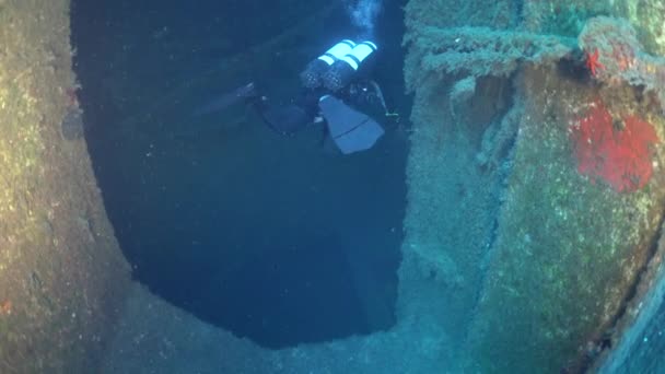 Mediterranean Sea Cyprus August 2019 Scuba Divers Swims Shipwreck Swedish — ストック動画
