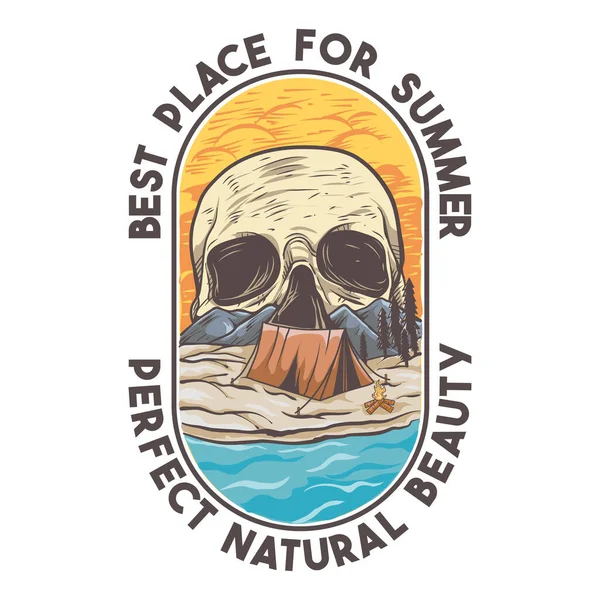 Şenlik ateşiyle iskelet, kumsalda çadır ve tepe. Vektör illüstrasyonu