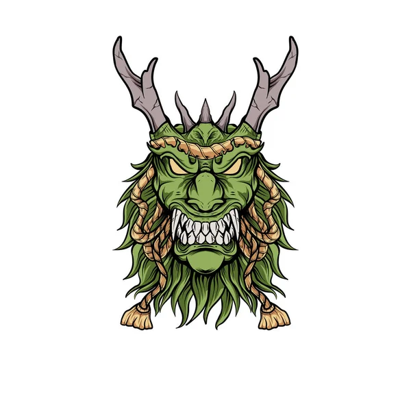 Tişört ve logo tasarımı için uygun bir ipe bağlanmış yeşil ejderha başı illüstrasyon kafası
