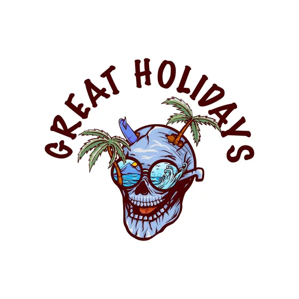 tatil temalı kafatası vektör çizimi, gözlüklerle denize bakıyor