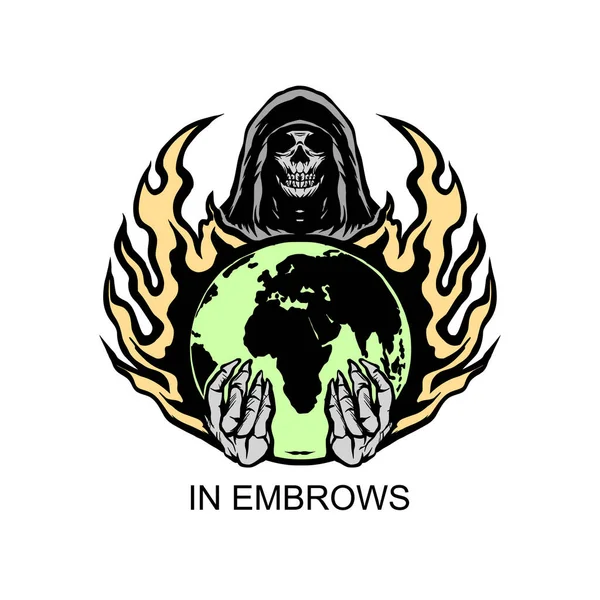 Bir kafatasının vektör çizimi bir küre tutuyor ve onun yanında yanıyor.