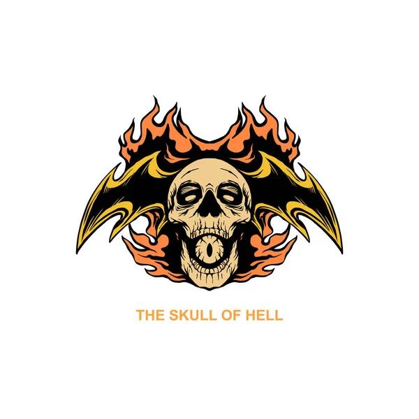 Yarasa kanatlı kafatasının vektör çizimi ve arkasında yanan bir ateş